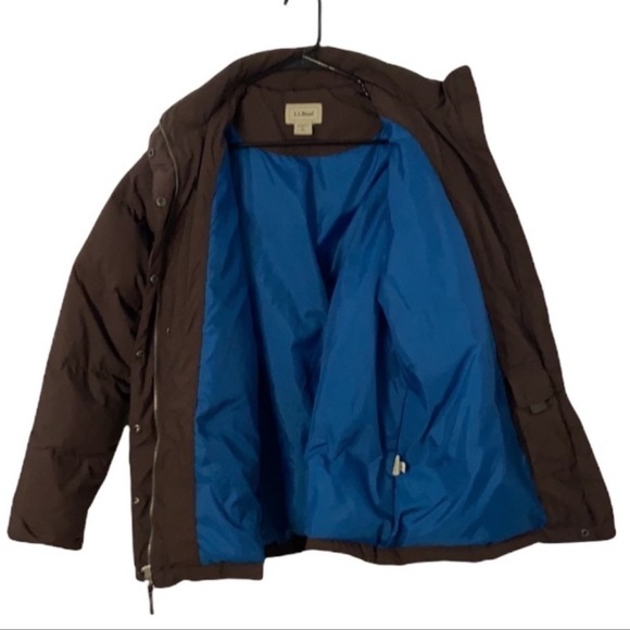 L.L. Bean goose Down brown jacket zipper snap front closure  Blue lining Large - Picture 7 of 16
